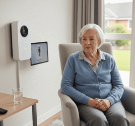 Motion-activated security camera monitoring elderly woman indoors in living room.